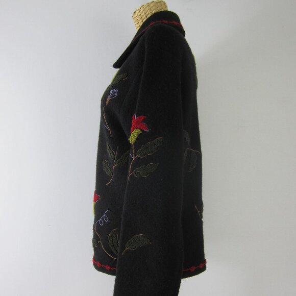 Tally Ho Womens S Black Boiled Wool Floral Full Zip Long Sleeve Jacket Cardigan - Picture 4 of 16